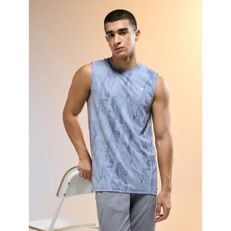 Technosport Men Blue Jacquard Slim Fit Round Neck Double Cool Sports Tank Top (M)