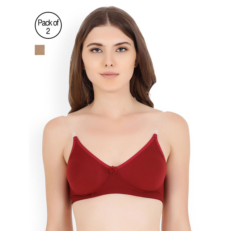 Floret Pack Of 2 Solid T Shirt Bra - Maroon & Nude (30B)