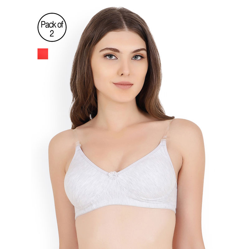 Floret Pack Of 2 Solid T Shirt Bra - Grey & Red (30B)