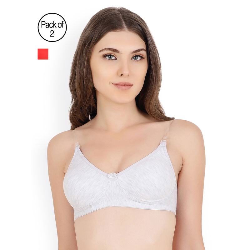Floret Pack Of 2 Solid T Shirt Bra - Grey & Red (30B)