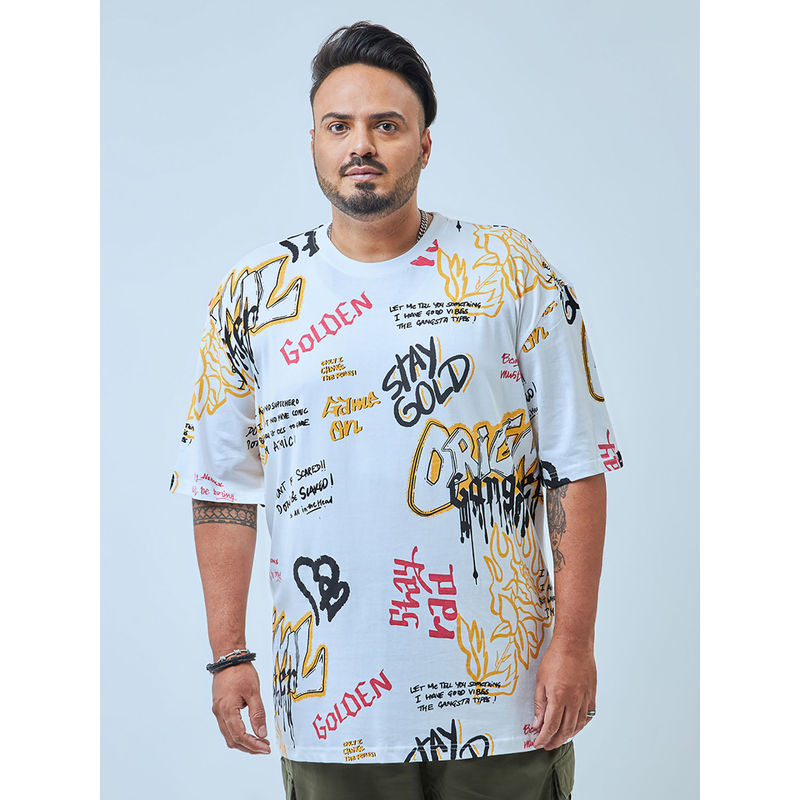Bewakoof Mens White All Over Printed Oversized Plus Size T-Shirt (6XL)