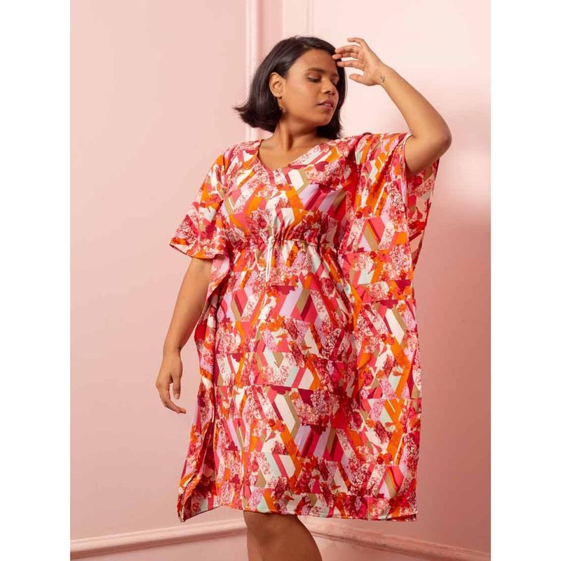 AOBA Women Pink & White Printed Kaftan Nightdress (S)