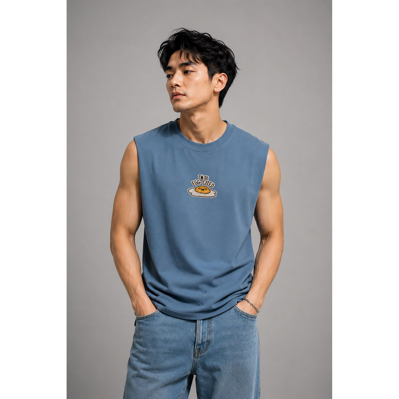 Bene Kleed Men Blue Relaxed Fit Embroidered Sleeveless Tank (S)