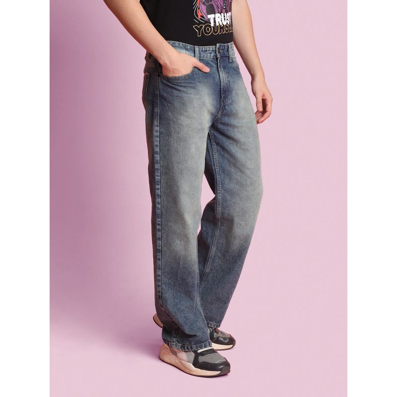 Bene Kleed Men Wide Leg Mid-Rise Light Fade Pure Cotton Jeans (34)