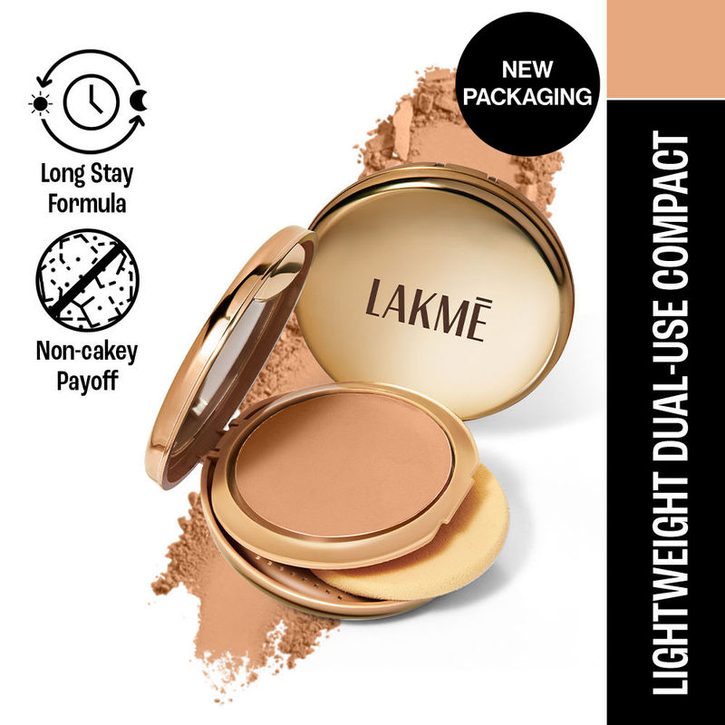 Lakme 9 To 5 Unreal Dual Cover Pressed Powder, 2 In 1 Compact + Foundation , 16 Sand
