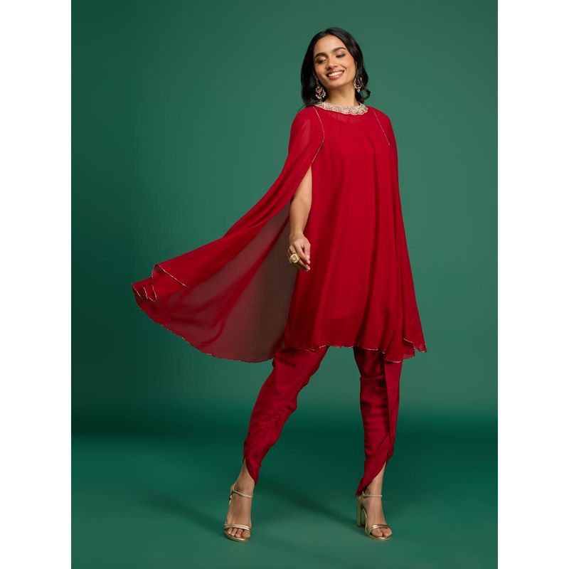 Gajra Gang Nani's Almari Maroon Georgette Embellished Cape with Slip & Tulip Pant (S)