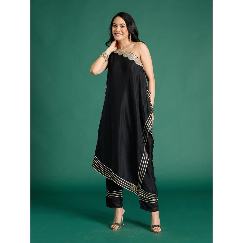 Gajra Gang Nani's Almari Black Chinon Embellished Asymmetric Kurta & Pant (L)