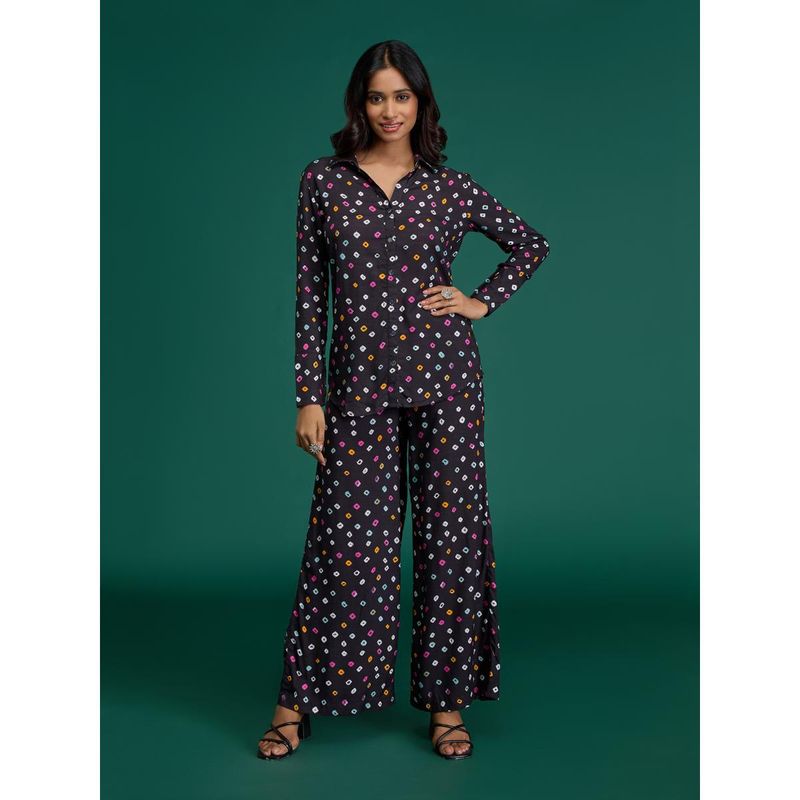 Gajra Gang Black Rayon Bandhani Shirt & Wide Leg Pant Global Gypsy (XS)