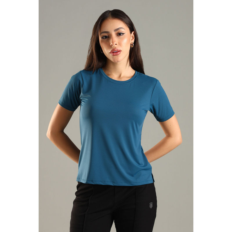 DOMIN8 Women Teal Soft and Stretchy Nylon Sports Top (M)
