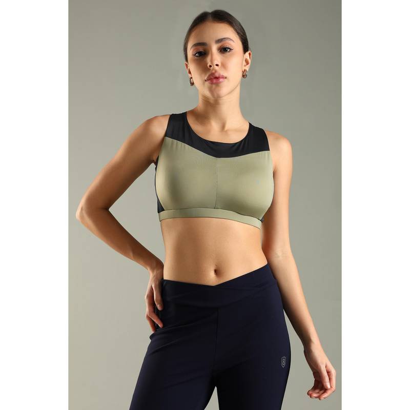 DOMIN8 Women Olive Elastic Waistband Colorblock Sports Bra (XS)