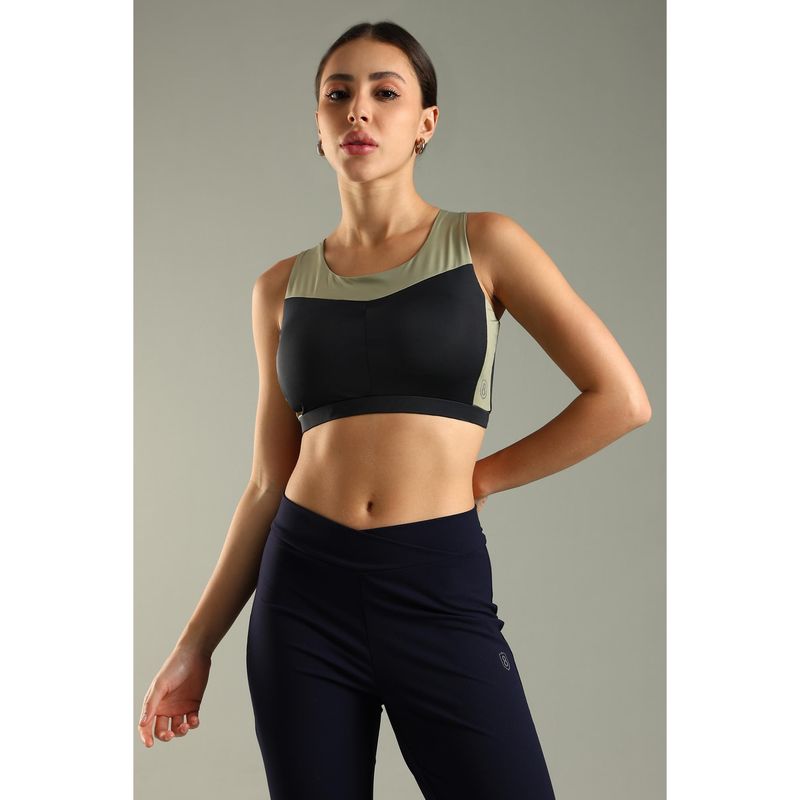 DOMIN8 Women Black Elastic Waistband Colorblock Sports Bra (XS)
