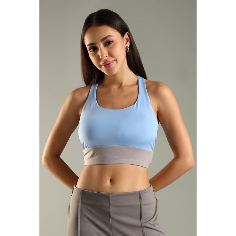 DOMIN8 Women Blue Elastic Waistband Colorblock Sports Bra (XS)