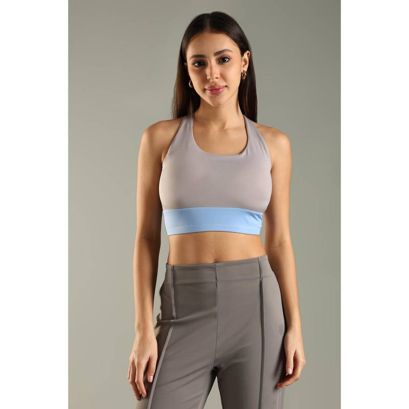 DOMIN8 Women Grey Elastic Waistband Colorblock Sports Bra (XS)