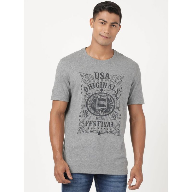 Jockey US81 Men Super Combed Cotton Printed Round Neck T-Shirt - Mid Grey Melange (S)