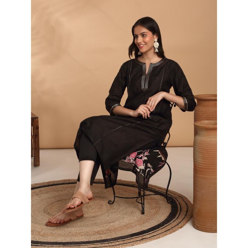 Likha Cotton Chanderi Solid A Line Black Kurta Set LIKBAKU004 (Set of 2) (XL)