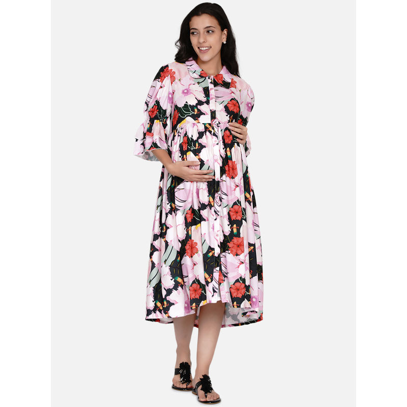 The Kaftan Company Forest Floral Shirt Collar Maternity And Nursing Dress Multi-Color (S)