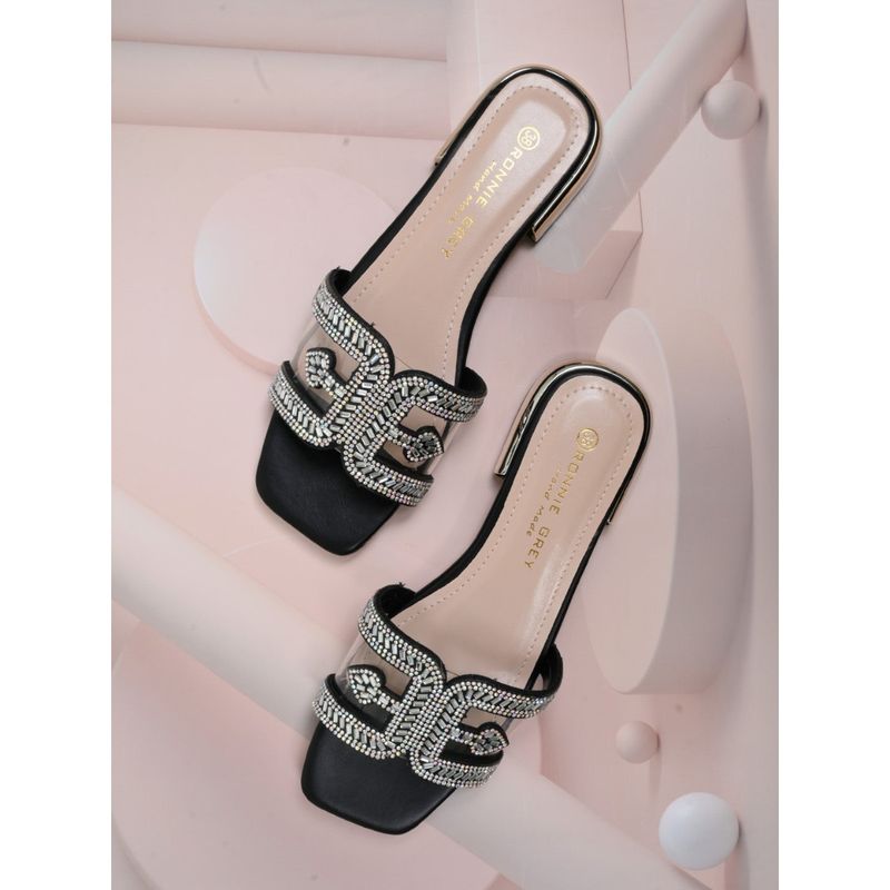 Ronnie Grey Women Black Embellished Open Toe Flats (EURO 39)