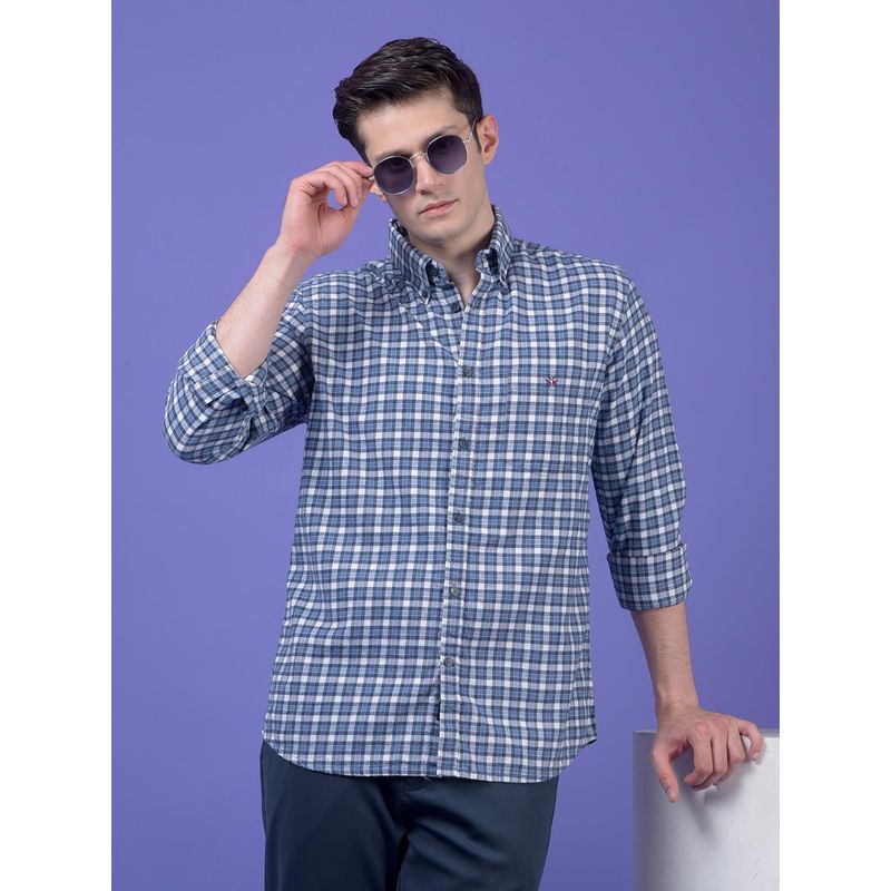 CRIMSOUNE CLUB Mens Blue Checked Button-Down Collar Pure Cotton Shirt (S)