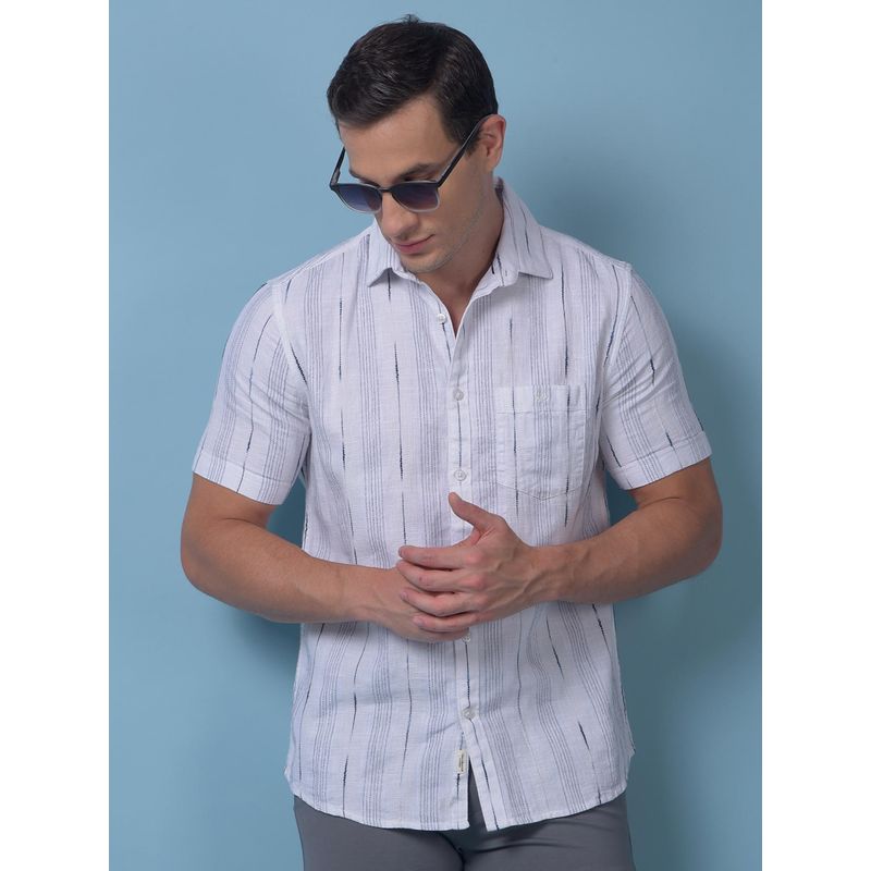 CRIMSOUNE CLUB Mens White Vertical Stripes Pure Cotton Shirt (S)