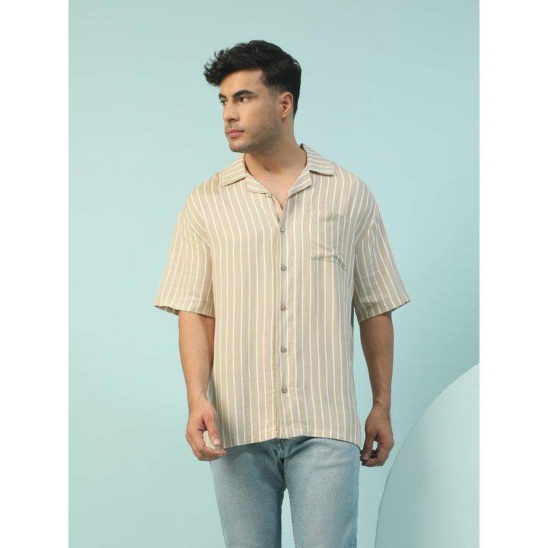 Oxolloxo Men Beige Stripe Print Lapel Collar Short Sleeve Button Down Oversized Shirt (M)