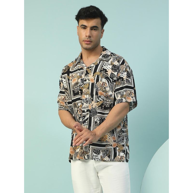 Oxolloxo Men Multicolor Floral Print Lapel Collar Short Sleeve Button Down Oversized Shirt (M)