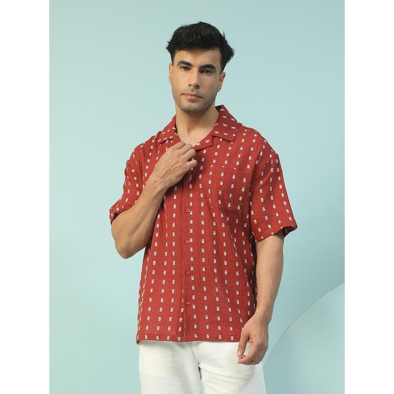 Oxolloxo Men Rust Lapel Collar Short Sleeve Button Down Oversized Cotton Dobby Shirt (L)