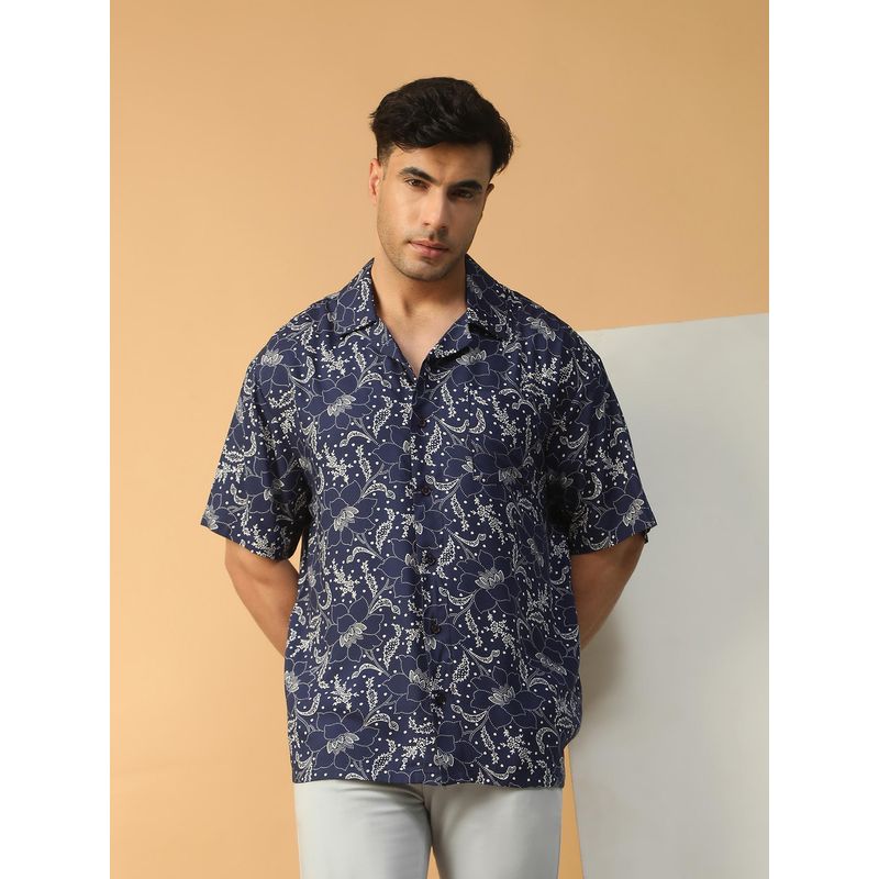 Oxolloxo Men Blue Floral Print Lapel Collar Short Sleeve Button Down Oversized Shirt (M)