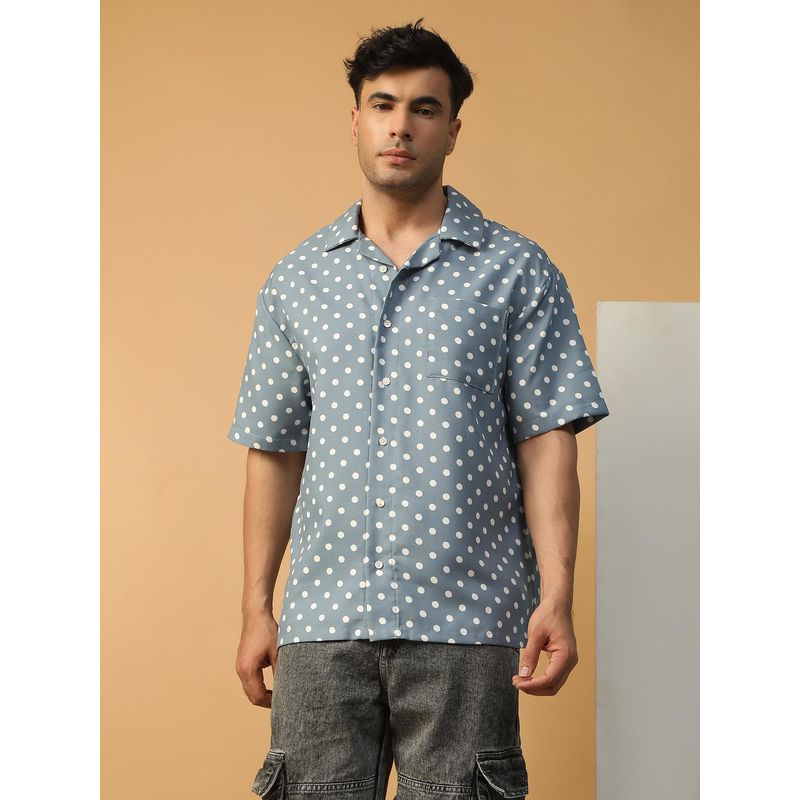Oxolloxo Men Blue Polka Dot Print Collar Neck Short Sleeve Button Down Oversized Shirt (M)