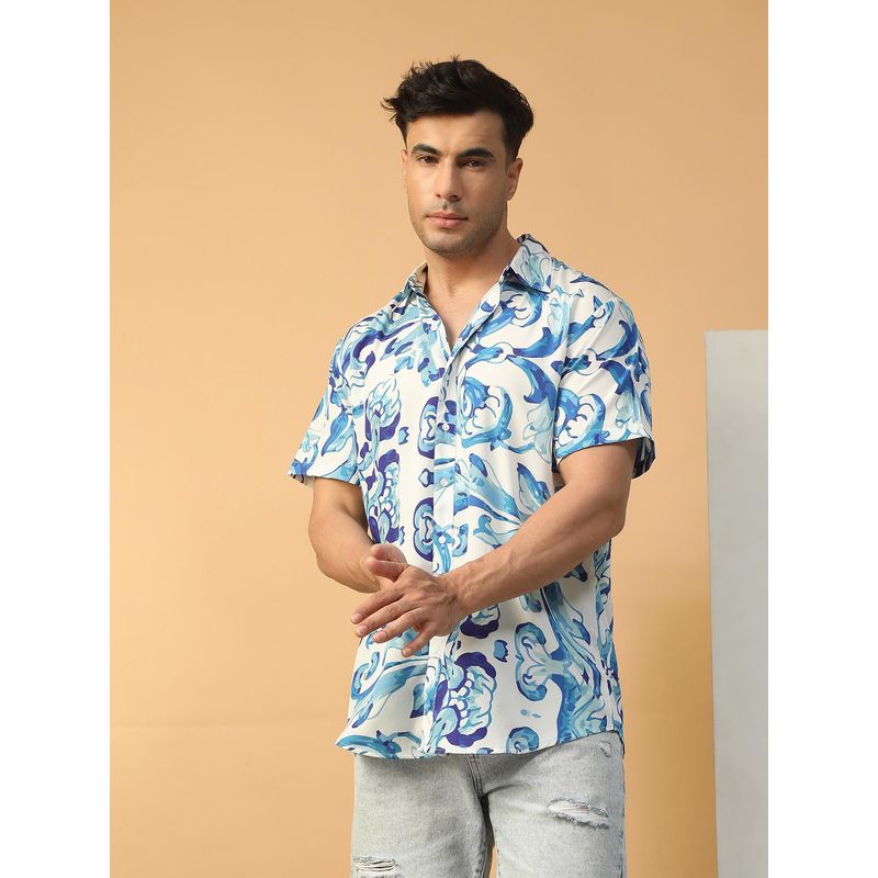 Oxolloxo Men Blue Abstract Print Collared Short Sleeve Button Down Oversized Shirt (M)