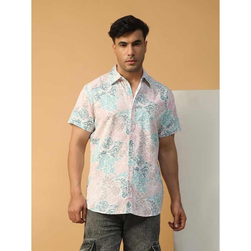 Oxolloxo Men Multicolor Tropical Print Collared Short Sleeve Button Down Oversized Shirt (L)