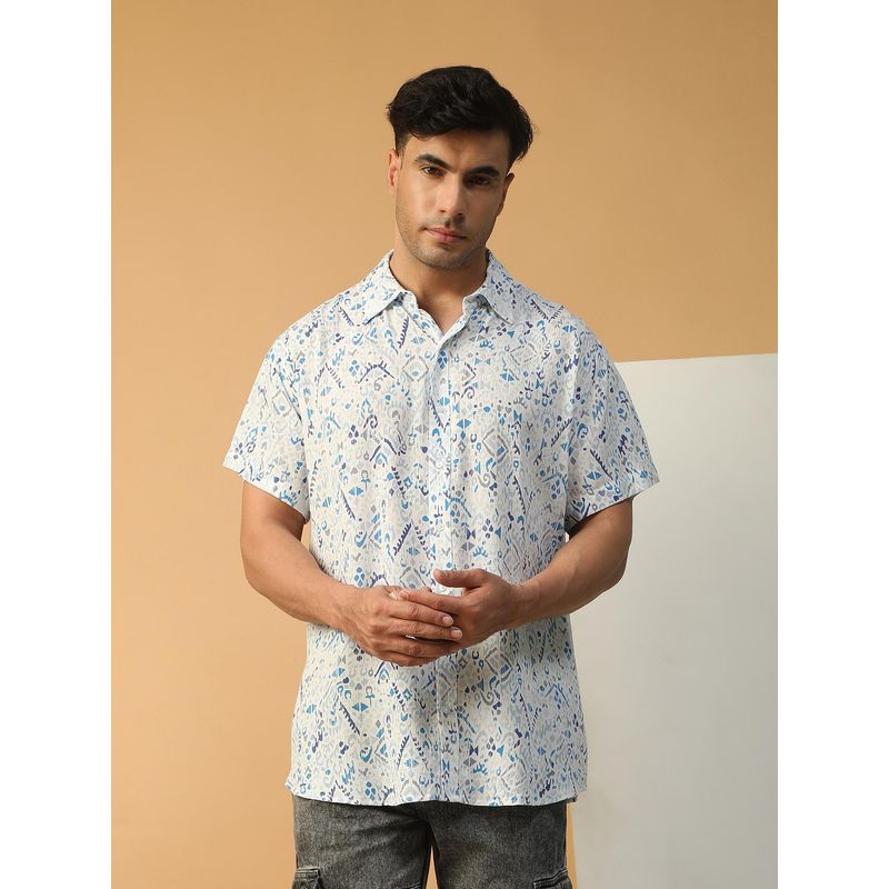 Oxolloxo Men Multicolor Abstract Print Collared Short Sleeve Button Down Oversized Shirt (L)