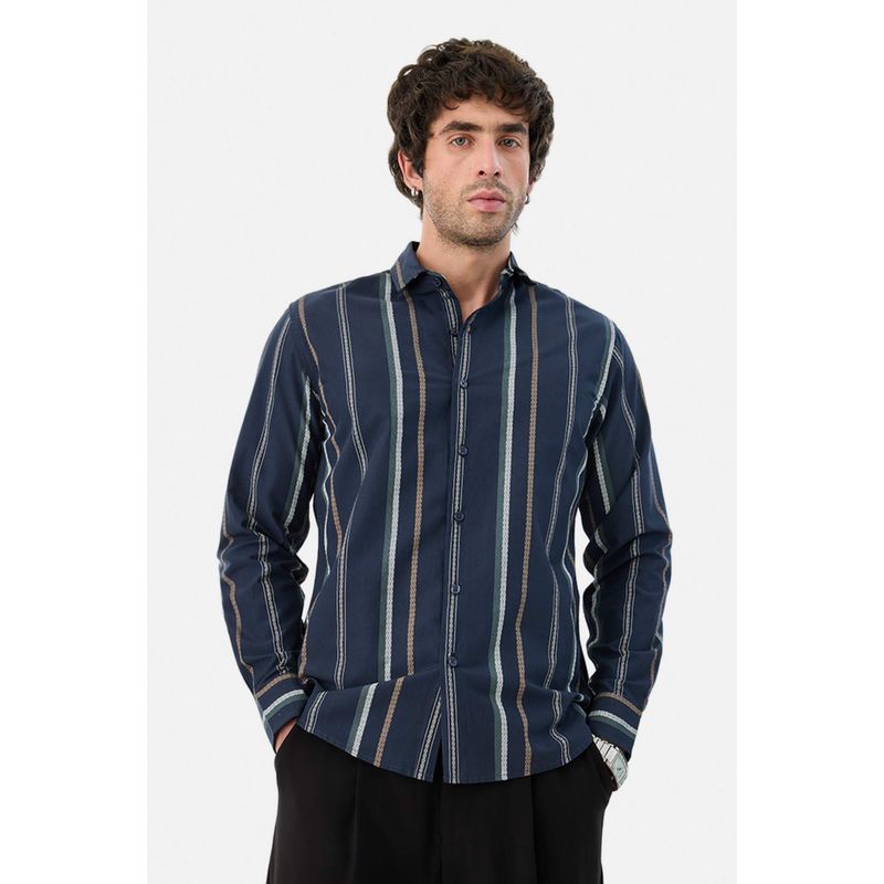 Snitch Navy Blue Stripes Full Sleeves Slim Semi Formal Shirt for Men (XS)