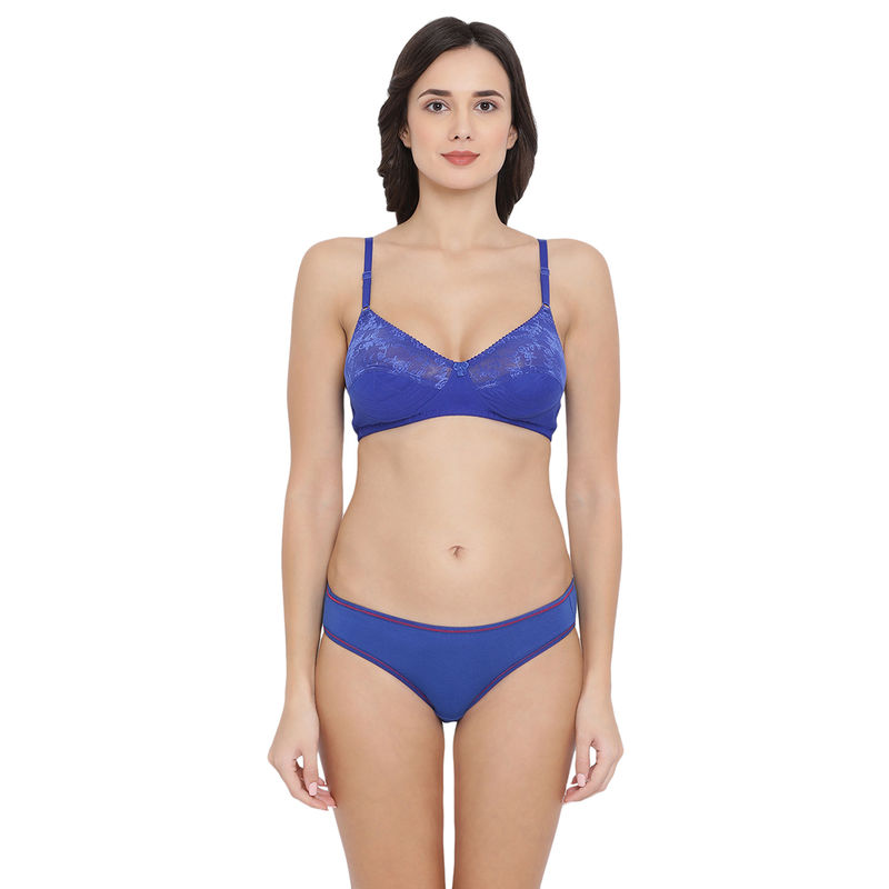 Clovia Cotton & Lace Non-Padded Non-Wired Bra & Low Waist Hipster Panty - Blue (32B)