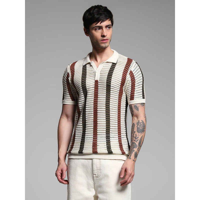 Jack & Jones Beige Self Design Regular Fit Polo T-Shirt (M)