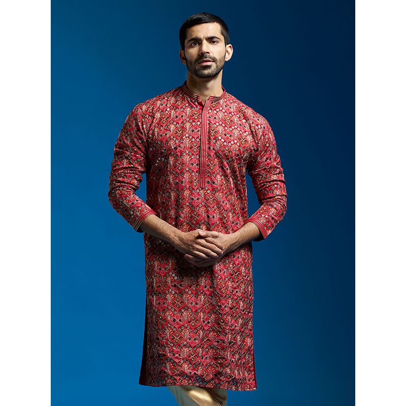 Vastramay Men Red Chinon Kurta (XL)