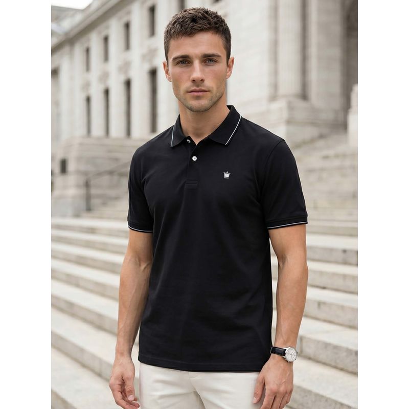 Louis Philippe Men's Solid Black Polo T-Shirt with Contrast Tipping on Collar and Sleeves (M)