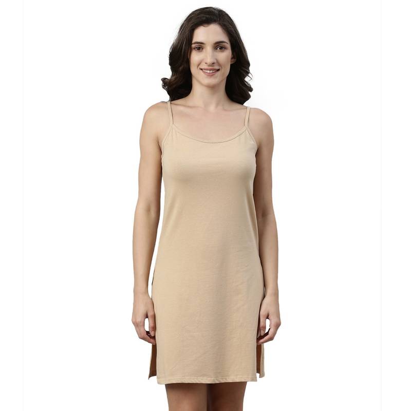 Enamor Essentials Womens E095-Cotton Sleeveless Scoop Neck Dress Slip Beige (S)
