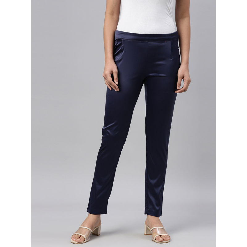 Go Colors Women Solid Polyester Mid Rise Shiny Pants - Navy Blue (M)