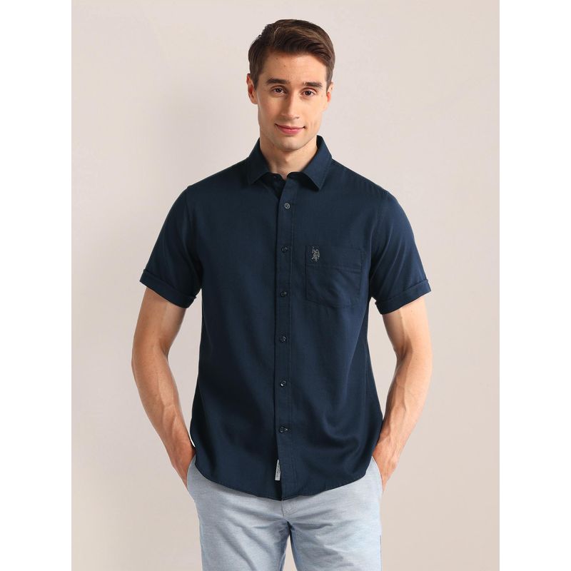 U.S. POLO ASSN. Solid Navy Blue Short Sleeves Spread Collar Shirt (S)