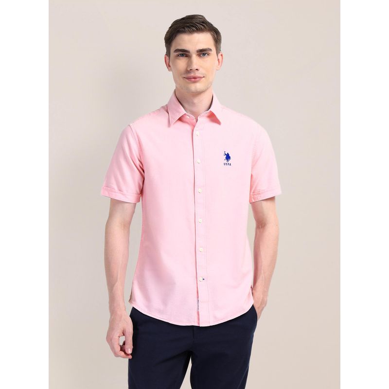 U.S. POLO ASSN. Solid Pink Short Sleeves Spread Collar Shirt (L)
