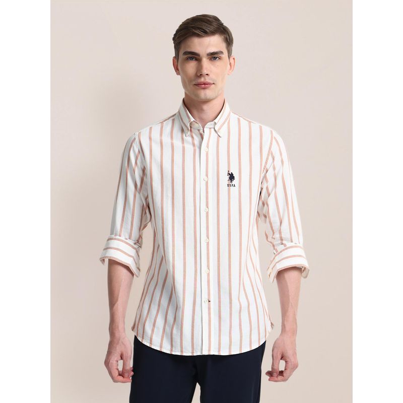 U.S. POLO ASSN. Striped White Long Sleeves Button-Down Collar Shirt (M)