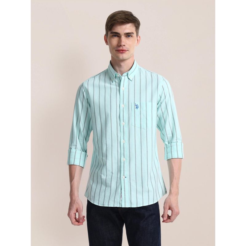 U.S. POLO ASSN. Striped Green Long Sleeves Button-Down Collar Shirt (XL)