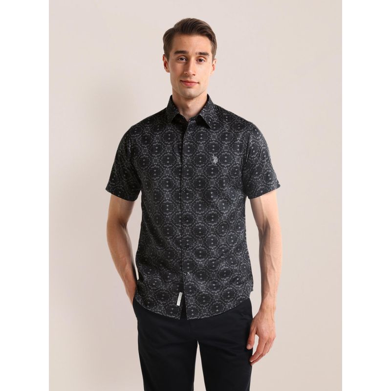 U.S. POLO ASSN. Floral Printed Black Short Sleeves Spread Collar Shirt (S)