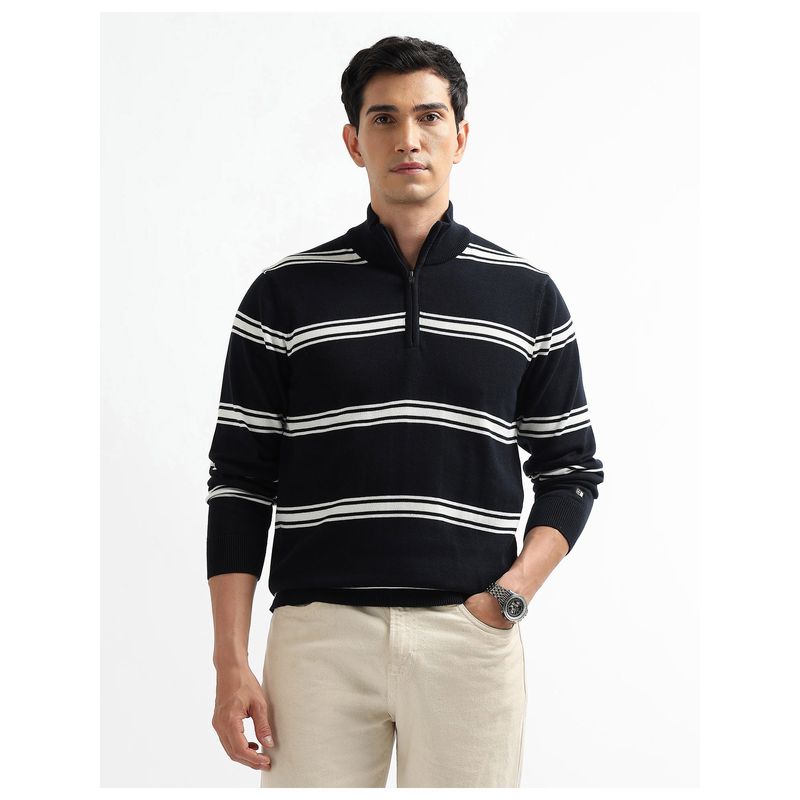 Arrow Sports Men Horizontal Striped Regular Fit Navy Blue Sweater (XL)
