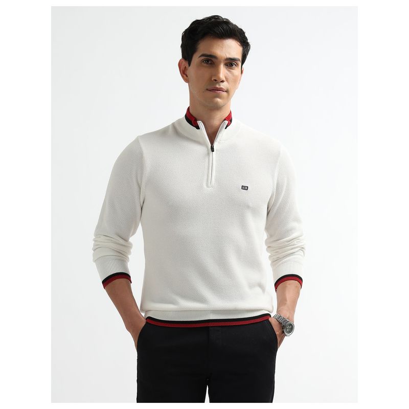 Arrow Sports Men Textured Regular Fit White Sweater (S)