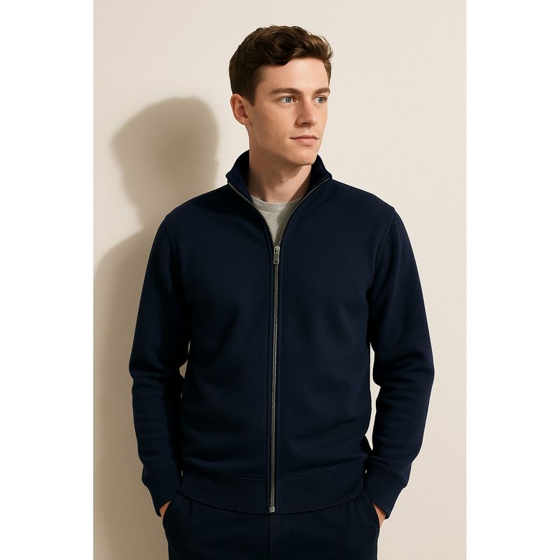 Parcel Yard Men Full Sleeve Full Zipper Collar Navy Blue Sweatshirt (XL)