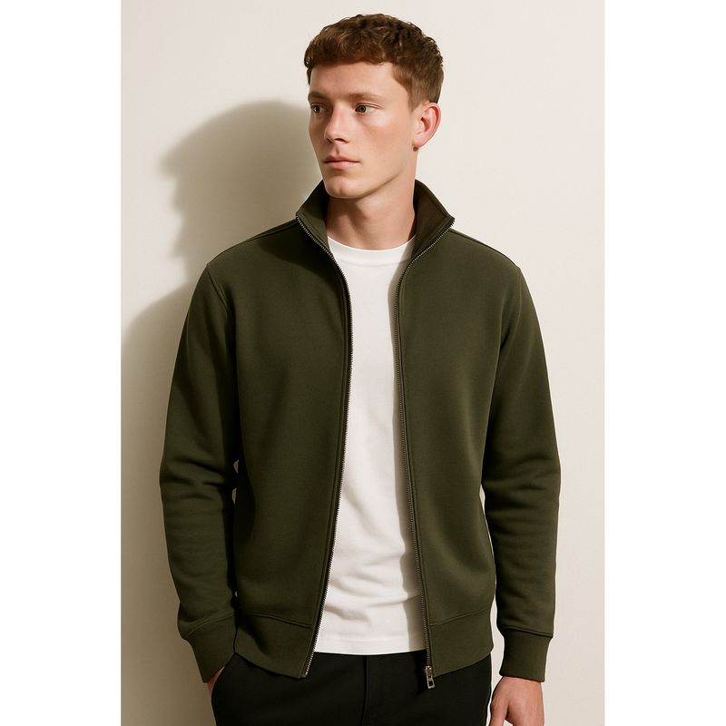 Parcel Yard Men Full Sleeve Full Zipper Collar Olive Sweatshirt (XL)