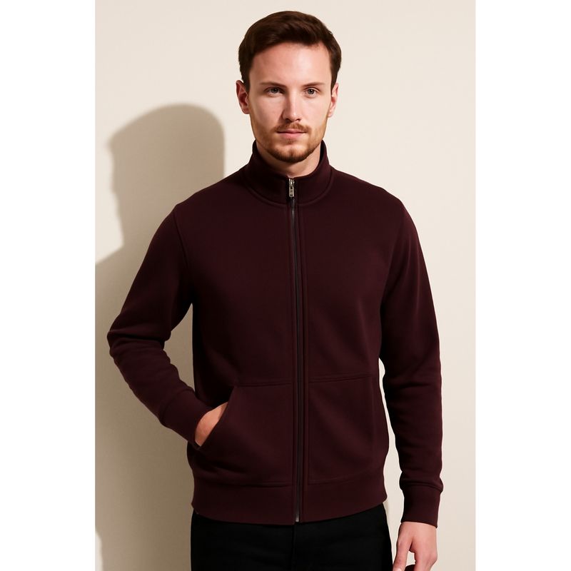 Parcel Yard Men Full Sleeve Full Zipper Collar Wine Sweatshirt (XL)