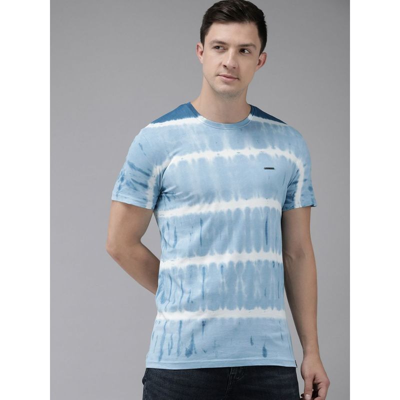 The Bear House Men Aqua Blue Tie and Dye Slim Fit Crew Neck Tshirt (M)