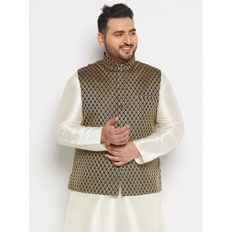 Vastramay Plus Men's Black and Gold Silk Blend Nehru Jacket (44)